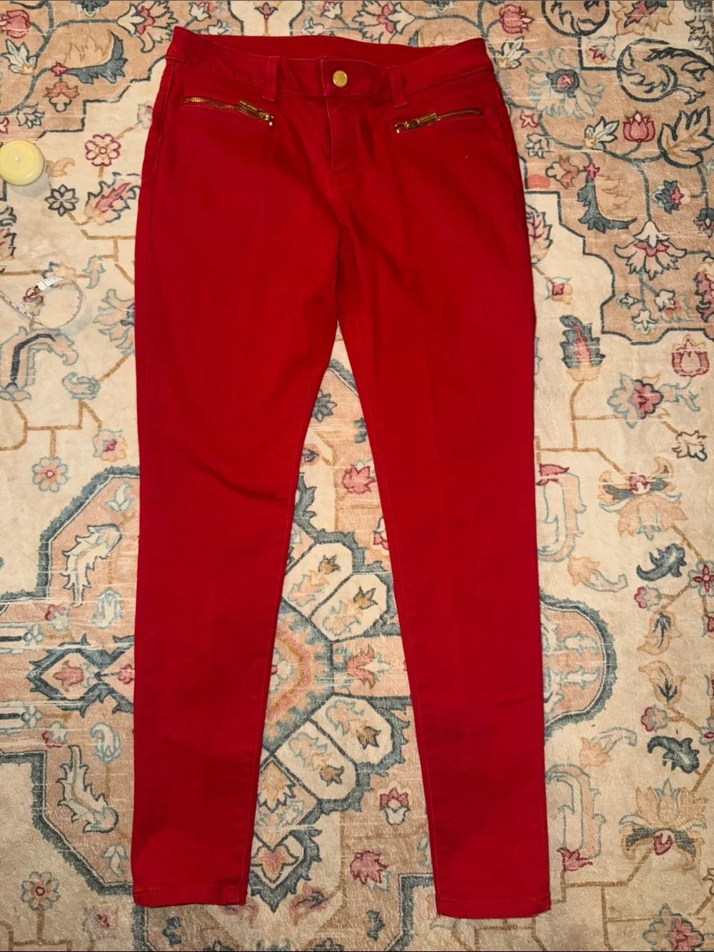 Michael Kors Red Skinny Jeans with Gold Zip Accents